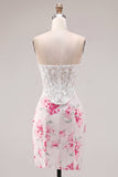 White Fuchsia Flower Sweetheart Bodycon Sheer Corset Short Prom Dress