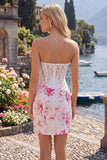 White Fuchsia Flower Sweetheart Bodycon Sheer Corset Short Prom Dress
