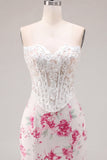 White Fuchsia Flower Sweetheart Bodycon Sheer Corset Short Prom Dress
