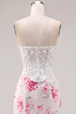 White Fuchsia Flower Sweetheart Bodycon Sheer Corset Short Prom Dress