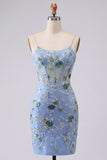 Blue Bodycon Embroidered Floral Sheer Corset Short Prom Dress