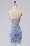 Blue Bodycon Embroidered Floral Sheer Corset Short Prom Dress