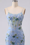 Blue Bodycon Embroidered Floral Sheer Corset Short Prom Dress