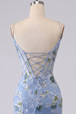 Blue Bodycon Embroidered Floral Sheer Corset Short Prom Dress