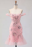Blush Off the Shoulder Bodycon Floral Sheer Corset Sequins Short Prom Dress with Ruffles