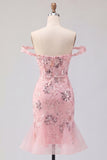 Blush Off the Shoulder Bodycon Floral Sheer Corset Sequins Short Prom Dress with Ruffles