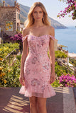 Blush Off the Shoulder Bodycon Floral Sheer Corset Sequins Short Prom Dress with Ruffles