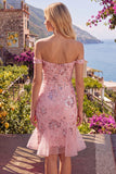 Blush Off the Shoulder Bodycon Floral Sheer Corset Sequins Short Prom Dress with Ruffles