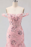 Blush Off the Shoulder Bodycon Floral Sheer Corset Sequins Short Prom Dress with Ruffles