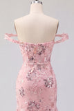 Blush Off the Shoulder Bodycon Floral Sheer Corset Sequins Short Prom Dress with Ruffles