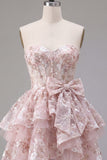 Pink A-Line Sweetheart Corset Floral Homecoming Dress with Bow