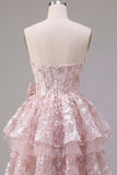Pink A-Line Sweetheart Corset Floral Homecoming Dress with Bow