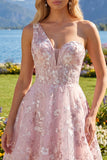 Pink A-Line One Shoulder Floral Homecoming Dress