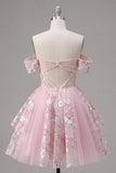Off the Shoulder Pink A-Line Sheer Corset Floral Homecoming Dress