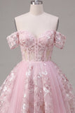 Off the Shoulder Pink A-Line Sheer Corset Floral Homecoming Dress