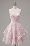 A-Line Pink Spaghetti Straps Corset Floral Homecoming Dress