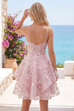 A-Line Pink Spaghetti Straps Corset Floral Homecoming Dress