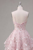 A-Line Pink Spaghetti Straps Corset Floral Homecoming Dress