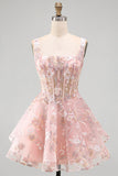 A-Line Pink Square Neck Corset Floral Homecoming Dress