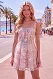 A-Line Pink Square Neck Corset Floral Homecoming Dress