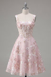 A-Line Pink Square Neck Corset Floral Homecoming Dress