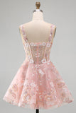 A-Line Pink Square Neck Corset Floral Homecoming Dress