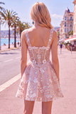 A-Line Pink Square Neck Corset Floral Homecoming Dress