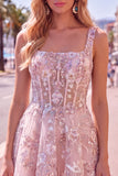 A-Line Pink Square Neck Corset Floral Homecoming Dress