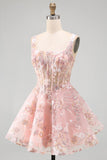 A-Line Pink Square Neck Corset Floral Homecoming Dress