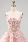 A-Line Pink Square Neck Corset Floral Homecoming Dress