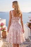 A-Line Pink Square Neck Corset Floral Homecoming Dress