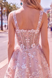 A-Line Pink Square Neck Corset Floral Homecoming Dress