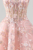 A-Line Pink Square Neck Corset Floral Homecoming Dress