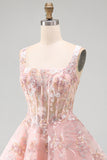 A-Line Pink Square Neck Corset Floral Homecoming Dress