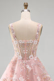 A-Line Pink Square Neck Corset Floral Homecoming Dress