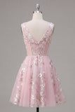 A-Line V-Neck Pink Corset Floral Homecoming Dress