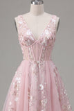 A-Line V-Neck Pink Corset Floral Homecoming Dress