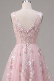 A-Line V-Neck Pink Corset Floral Homecoming Dress