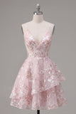 A-Line Pink Corset Spaghetti Straps Floral Homecoming Dress