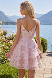 A-Line Pink Corset Spaghetti Straps Floral Homecoming Dress