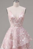 A-Line Pink Corset Spaghetti Straps Floral Homecoming Dress