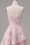 A-Line Pink Corset Spaghetti Straps Floral Homecoming Dress