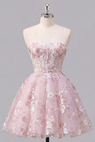 Strapless A-Line Pink Corset Floral Homecoming Dress