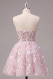 Strapless A-Line Pink Corset Floral Homecoming Dress