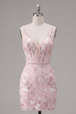 Pink Corset Bodycon Spaghetti Straps Floral Homecoming Dress
