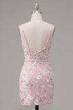 Pink Corset Bodycon Spaghetti Straps Floral Homecoming Dress