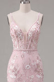 Pink Corset Bodycon Spaghetti Straps Floral Homecoming Dress