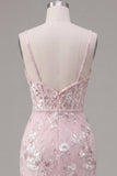 Pink Corset Bodycon Spaghetti Straps Floral Homecoming Dress