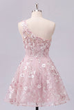 One Shoulder Pink Corset A-Line Floral Homecoming Dress