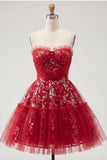 Sparkly Red A Line Short Beaded Ruched Floral Homecoming Dress with Ruffles